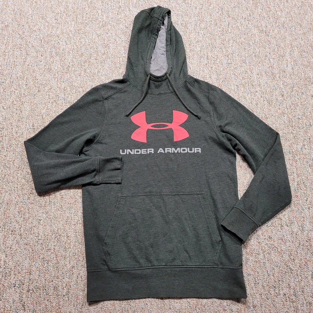 Under Armour Hoodie Mens Small Grey Green Big Logo Pullover Sweatshirt Outdoors - Picture 1 of 11